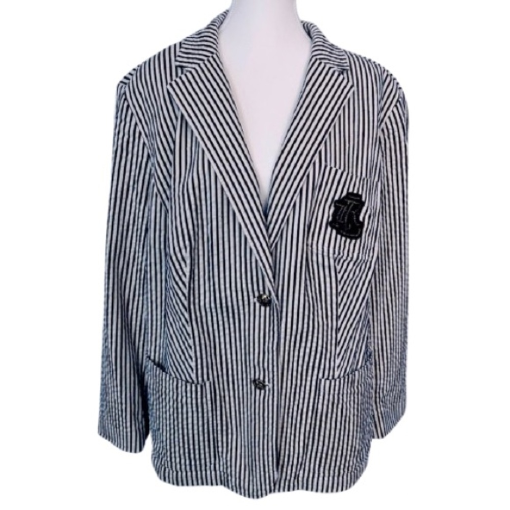 Vintage Ralph Lauren Poplin Cotton Blazer Striped Crest Logo White Navy 22 Plus